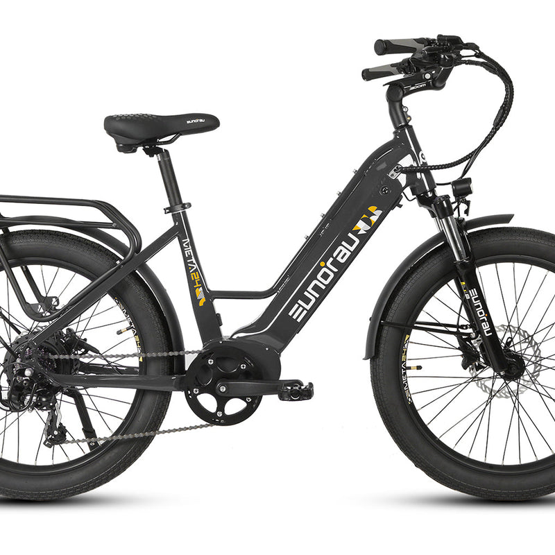EUNORAU E-BIKE US META24 1.0 electric bicycle showing sleek black frame and ergonomic design with handlebars and wheels