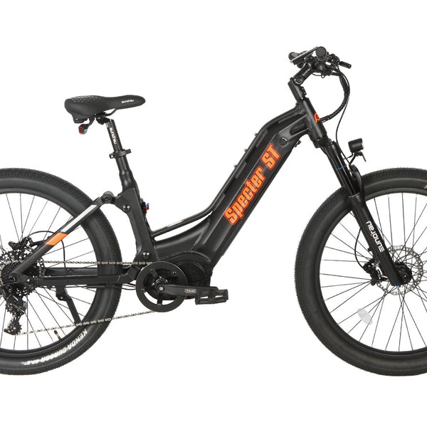 EUNORAU E-BIKE US SPECTER-ST 2.0 electric bicycle with sleek frame, handlebars, and wheels in a city setting.