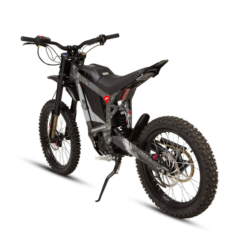 EUNORAU E-BIKE US R1-19 E-dirt bike with black frame, knobby tires, and suspension fork, ready for off-road riding.