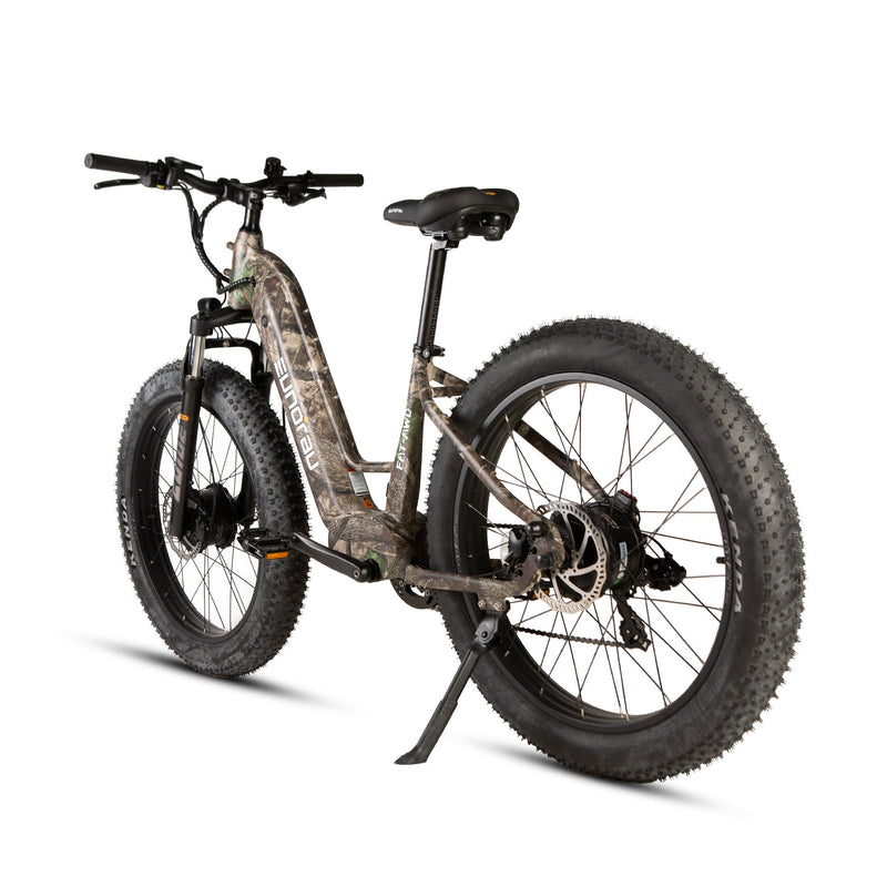 EUNORAU E-BIKE US FAT-AWD 3.0 electric bicycle with fat tires and sleek frame, shown from side view with handlebars and motor visible.