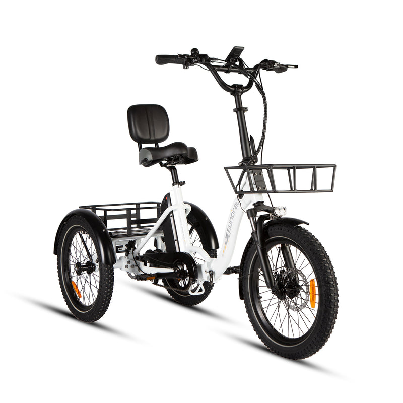 EUNORAU E-BIKE US ONE-TRIKE 2.0 electric bicycle with a sturdy frame, large wheels, and handlebar controls in a vibrant setting