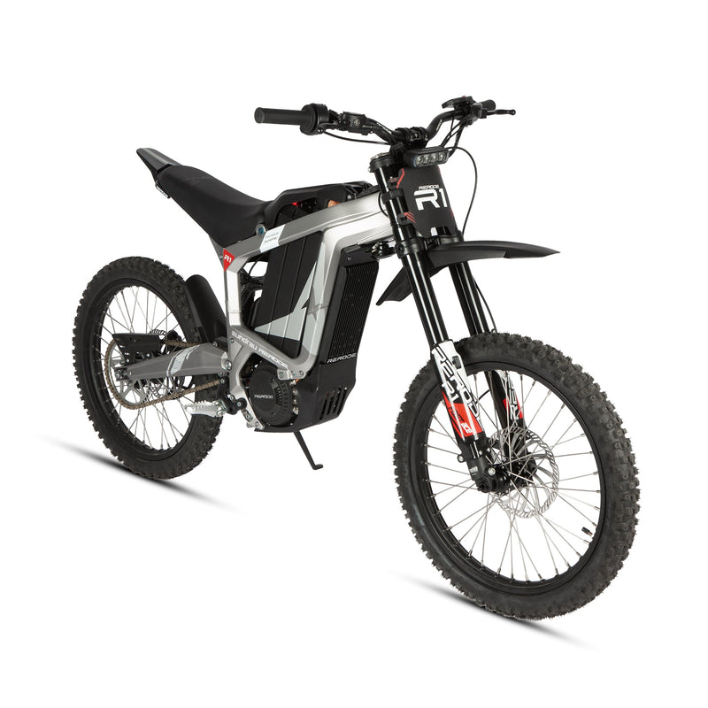 EUNORAU E-BIKE US R1-19 E-dirt bike with rugged frame, knobby tires, and handlebar controls for off-road riding.