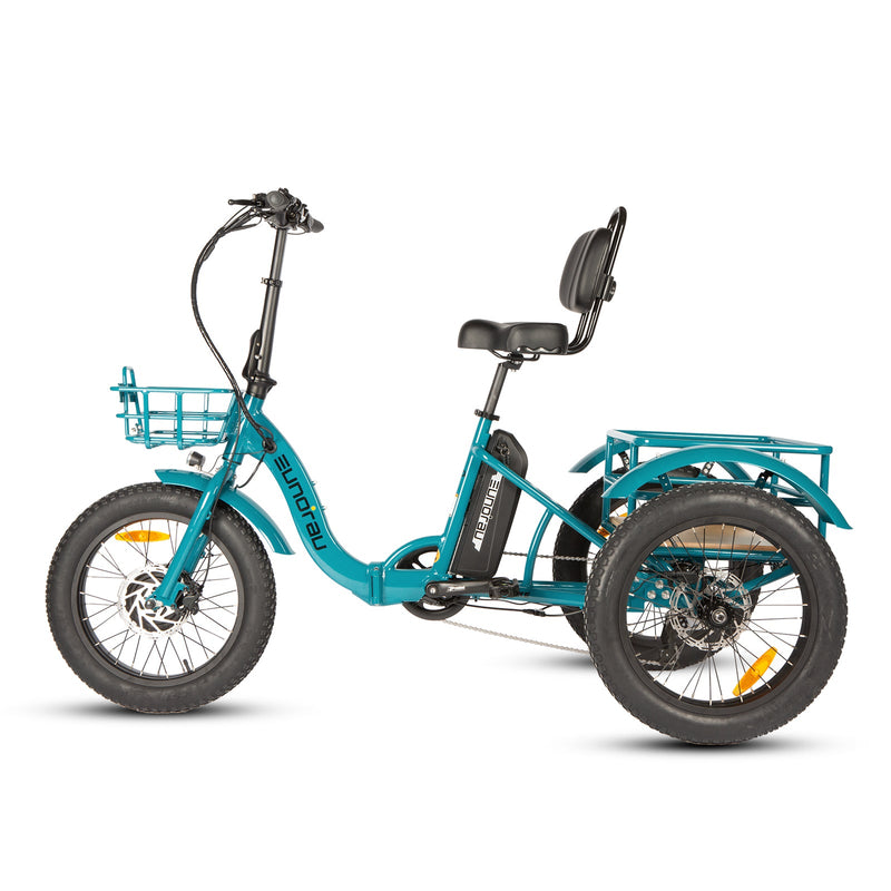 EUNORAU E-BIKE US NEW-TRIKE 2.0 electric trike with sturdy frame, large wheels, and handlebars for comfortable riding.