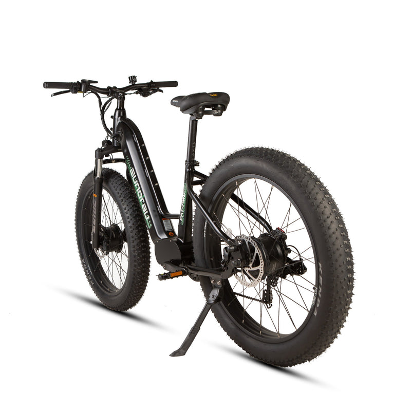 EUNORAU E-BIKE US FAT-AWD 3.0 electric bicycle with fat tires and sleek black frame, ready for off-road riding.