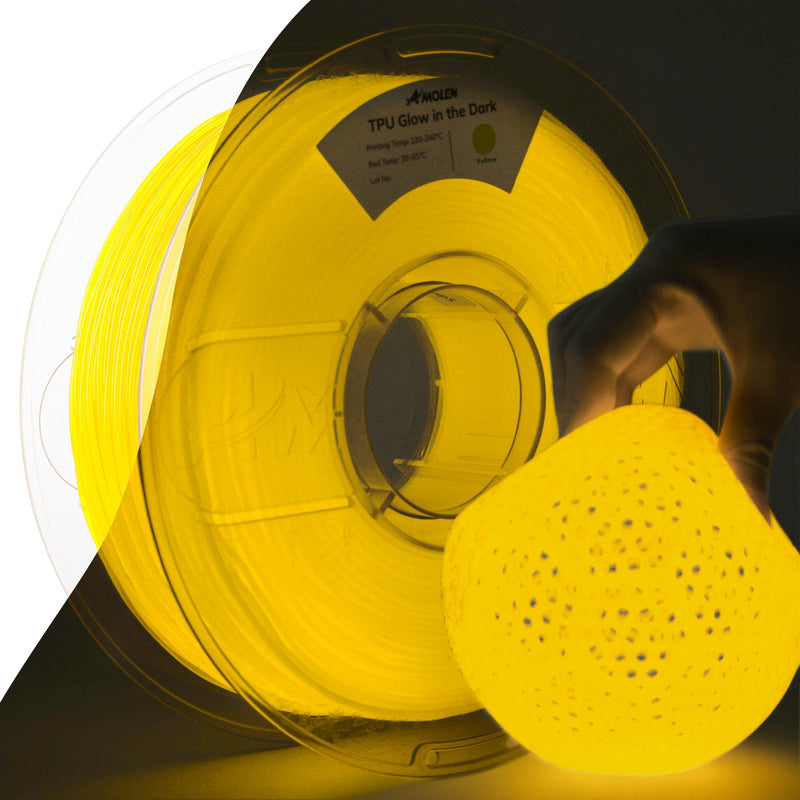Amolen TPU glow-in-the-dark filament 1.75mm for 3D printing, 1kg spool showing the bright, translucent filament in a clear container.