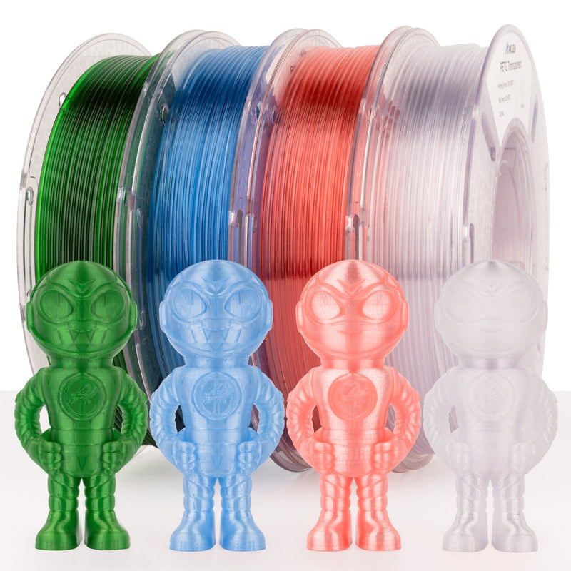 Amolen PETG transparent variety pack with four 250g filaments shown in clear plastic spools for 3D printing.