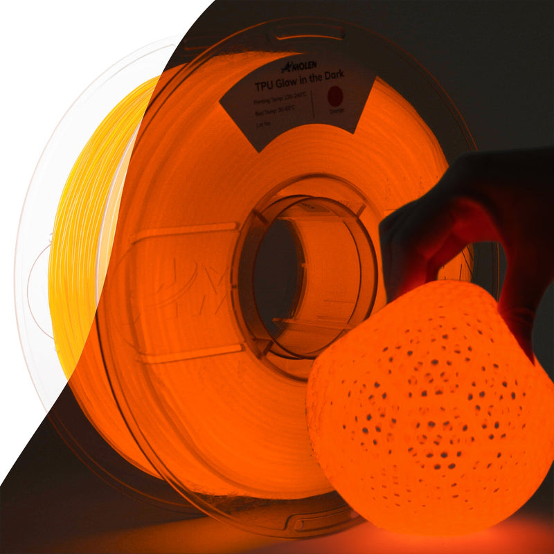 Amolen TPU glow-in-the-dark 1.75mm filament spool showing the flexible, translucent filament for 3D printing in low light.