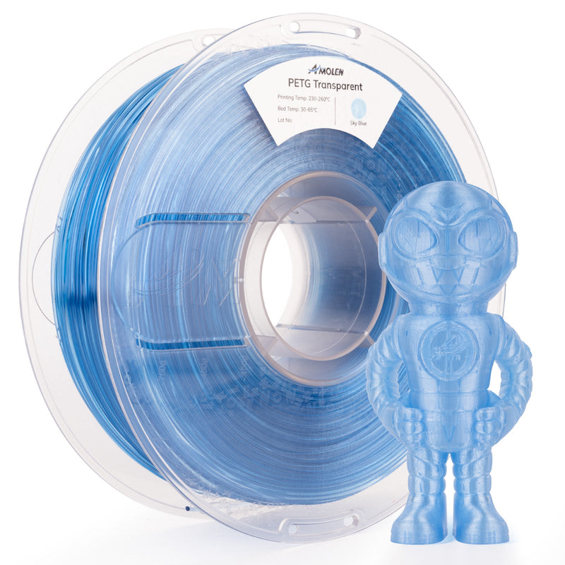 Transparent Amolen PETG filament 1.75mm, 1kg spool, showing the clear, glossy plastic material used for 3D printing.