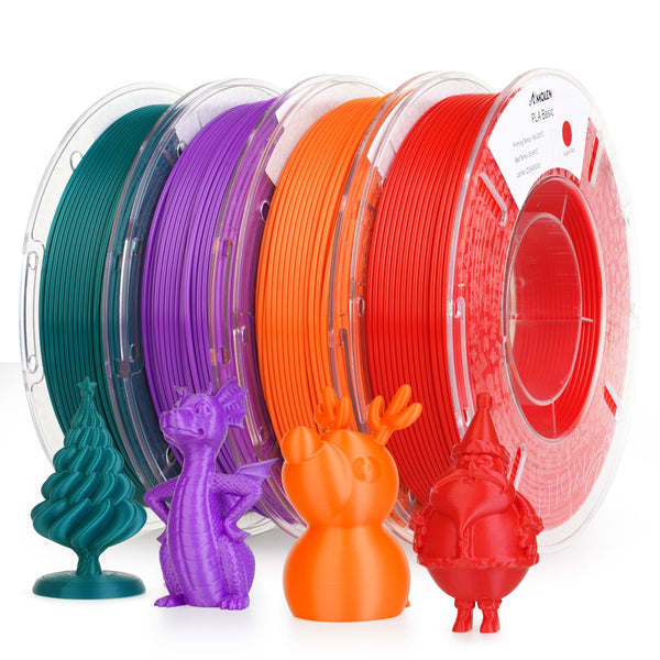 Amolen PLA Basic Variety Pack with four 250g spools of 1.75mm filament in assorted colors for 3D printing.