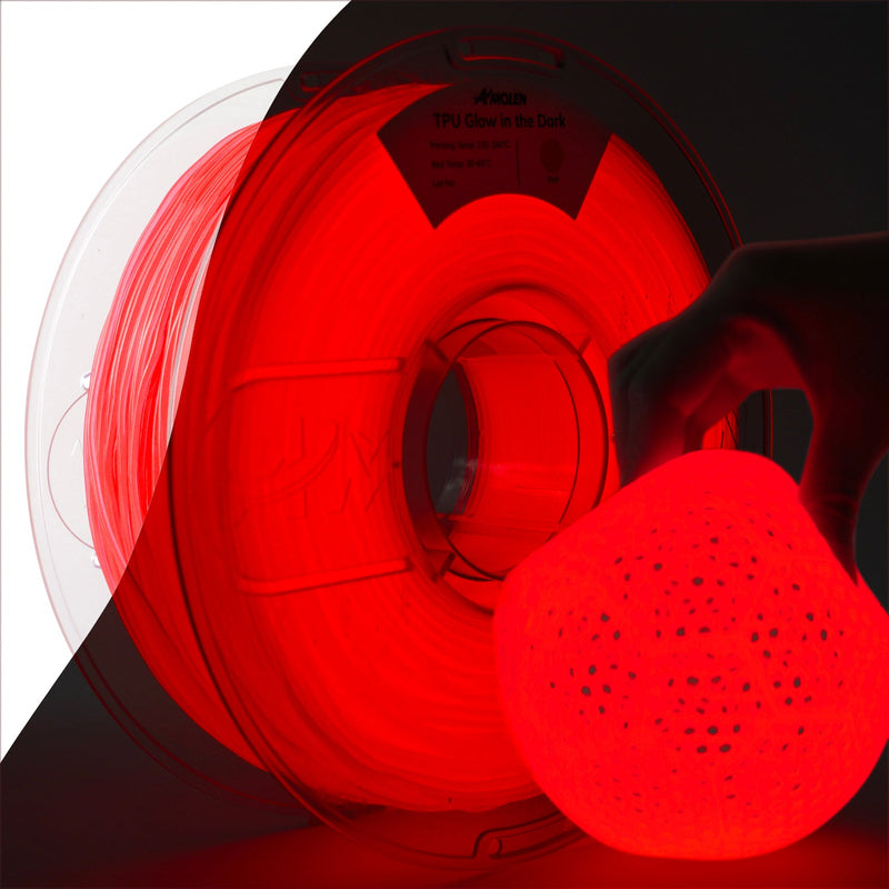 Amolen TPU glow-in-the-dark filament spool showing 1.75mm filament with vibrant glow effect in a 1kg/2.2lb package.