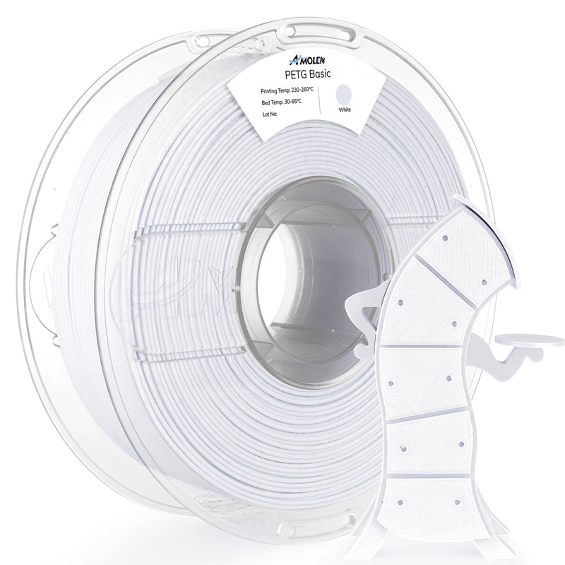 Amolen PETG Basic 1.75mm filament spool in a box, showing the transparent filament used for 3D printing projects.