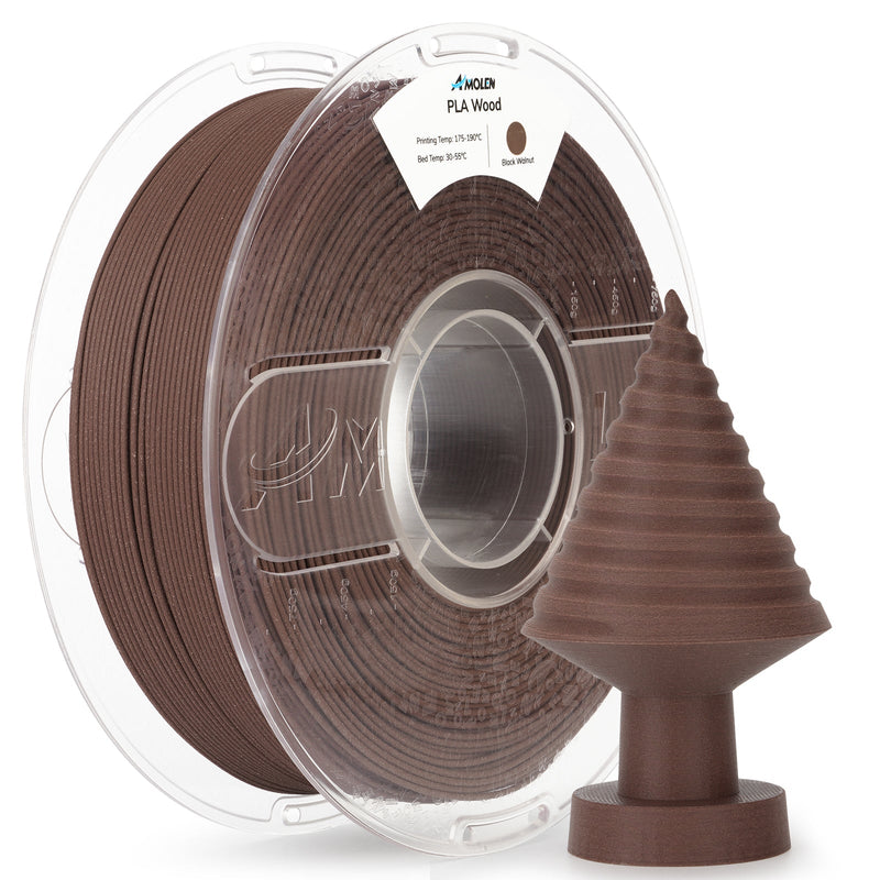 Amolen PLA Wood 1.75mm filament spool showing natural wood-colored 3D printing filament for 3D printers.
