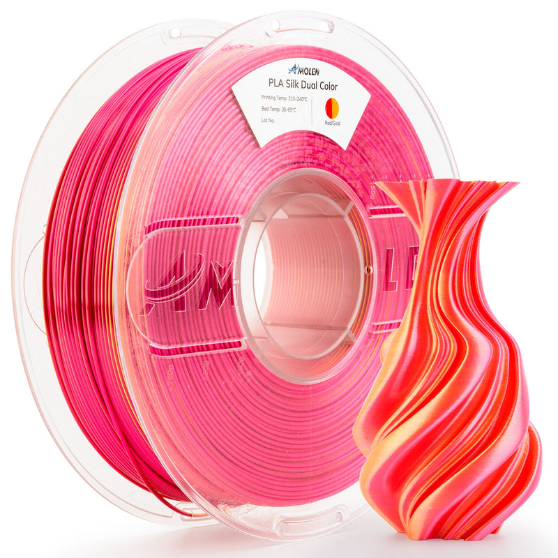 Amolen PLA Silk dual color filament 1.75mm, 1kg spool showing glossy, vibrant filament for 3D printing.