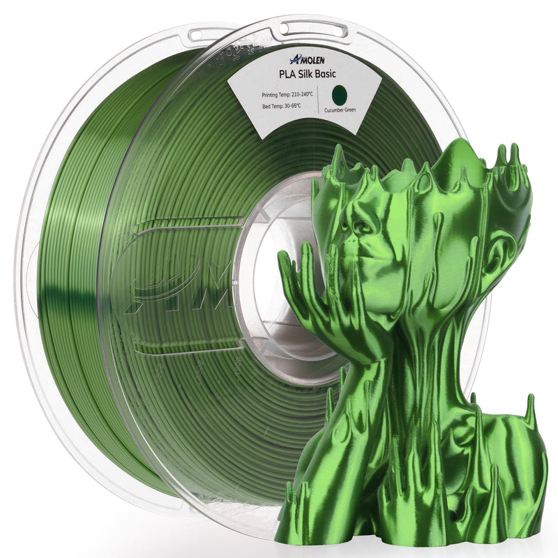 Amolen PLA Silk Basic 1.75mm filament spool, 1KG, showcasing shiny, smooth 3D printing filament in vibrant colors.