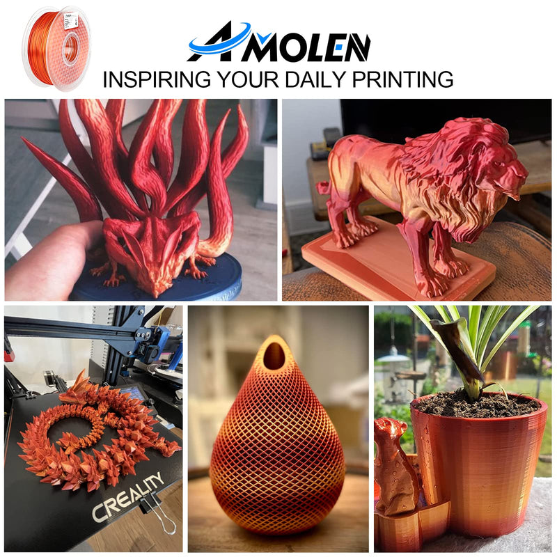 Amolen PLA silk shiny gradient filament variety pack with red and gold colors, 4x200g 1.75mm for 3D printing.