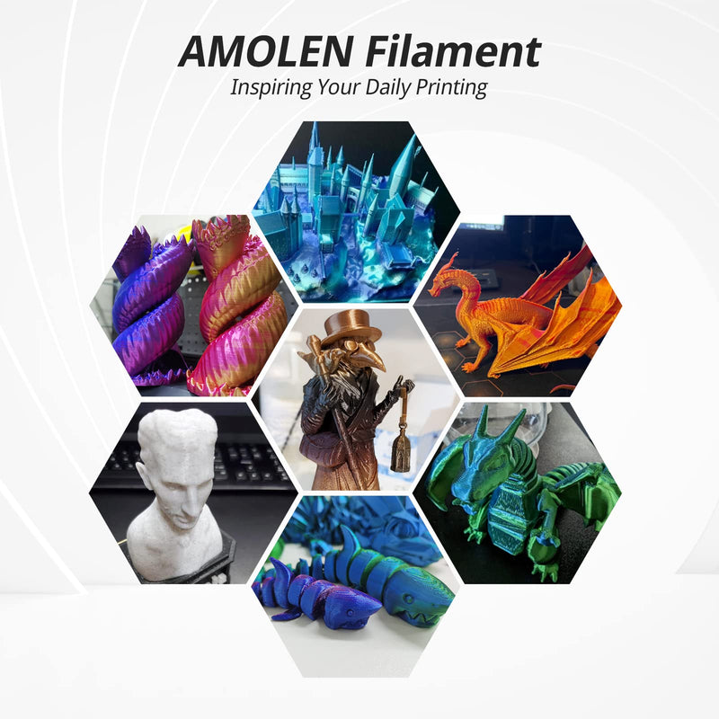 Shiny red and gold gradient PLA silk filament by Amolen, 4x200g, 1.75mm diameter, glossy and vibrant for 3D printing.