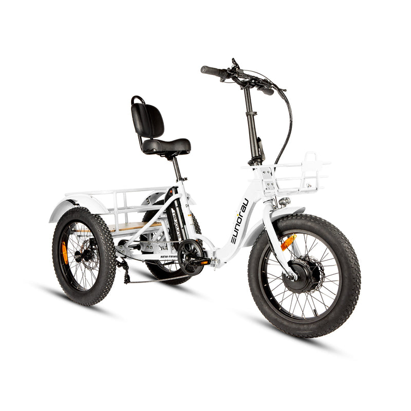 EUNORAU E-BIKE US NEW-TRIKE 2.0 electric trike with sturdy frame and motorized wheels, ideal for comfortable riding and transportation.