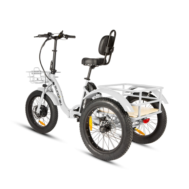 EUNORAU E-BIKE US NEW-TRIKE 2.0 electric trike with sturdy frame, comfortable seat, and front basket for versatile riding.