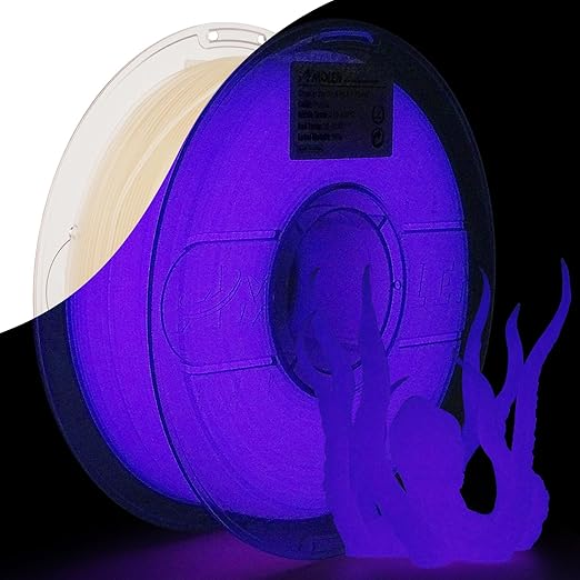 Amolen PLA glow-in-the-dark filament spool showing 1.75mm diameter and 1kg weight, with glowing filament visible in the image.