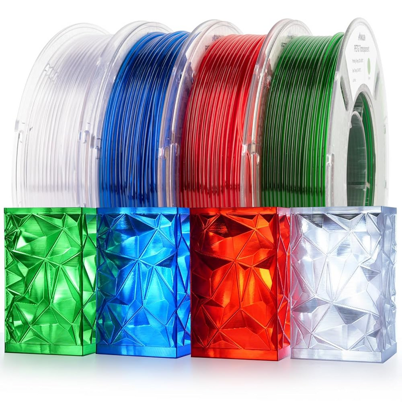 Transparent PETG variety pack by Amolen, includes four 250g spools of durable, clear 3D printing filament for versatile projects.