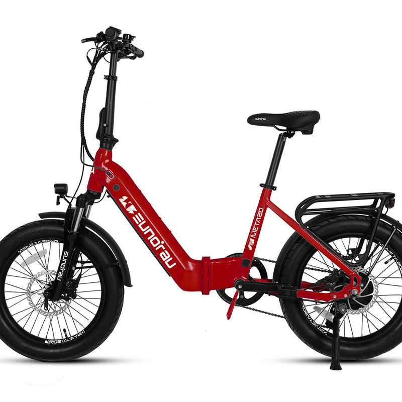 EUNORAU E-BIKE US META20 1.0 electric bicycle with sleek frame, front suspension, and digital display for urban commuting.