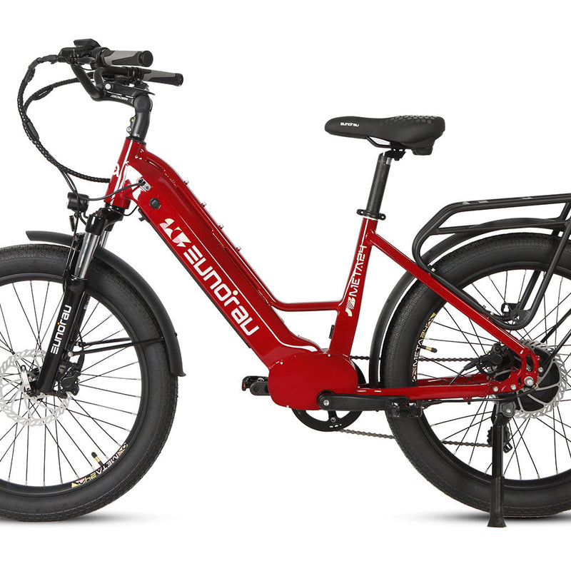 EUNORAU E-BIKE US META24 1.0 electric bicycle with sleek frame and front suspension, ready for urban commuting.