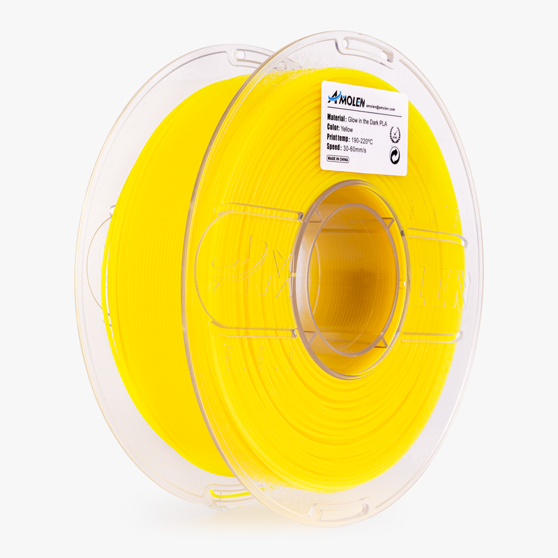 Amolen PLA glow-in-the-dark filament spool showing 1.75mm diameter and 1kg weight, with glowing filament visible in the image.