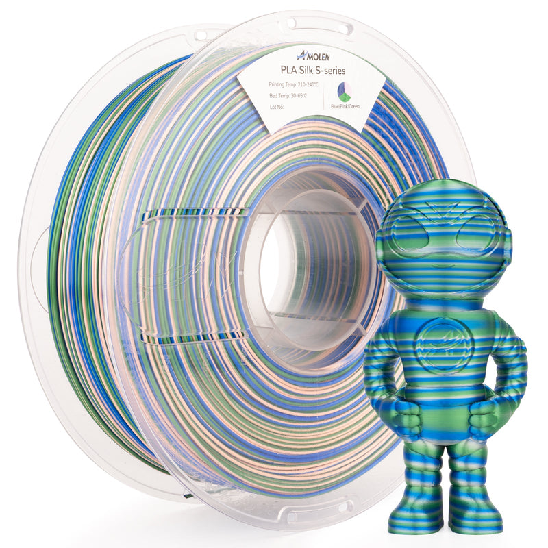 Amolen PLA Silk S-Series 1.75mm filament spool, 1kg/2.2lb, showcasing the shiny, smooth silk finish for 3D printing.