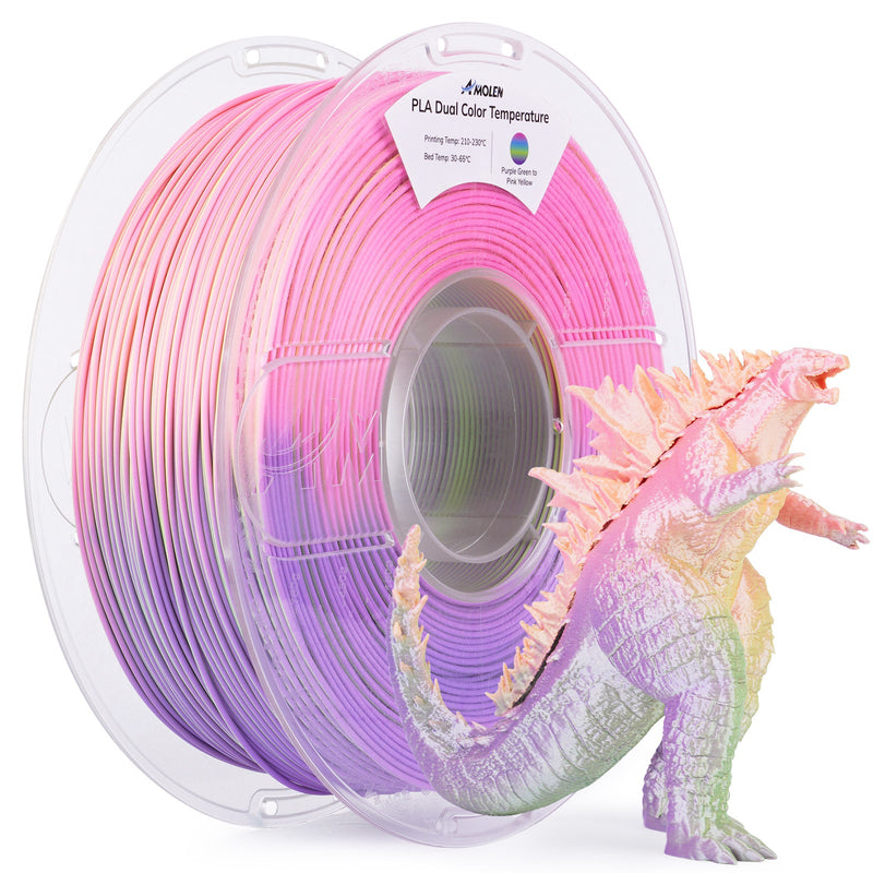 Amolen PLA filament in 1.75mm, 1kg spool, showing color-changing effect at different temperatures