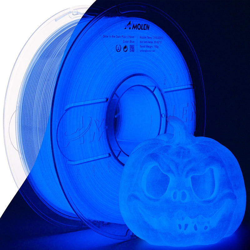 Amolen PLA glow-in-the-dark filament spool, 1.75mm diameter, 1kg weight, showing vibrant illuminated filament in a spool