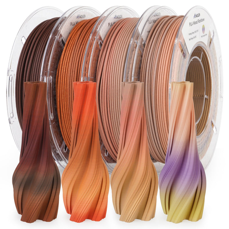 Amolen PLA Wood Variety Pack with four 200g spools of natural wood-colored 3D printing filament for creative projects.