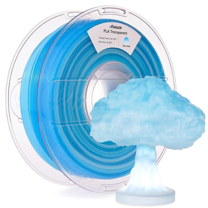 Clear Amolen PLA 1.75mm filament spool for 3D printing, showing transparent filament on the reel.
