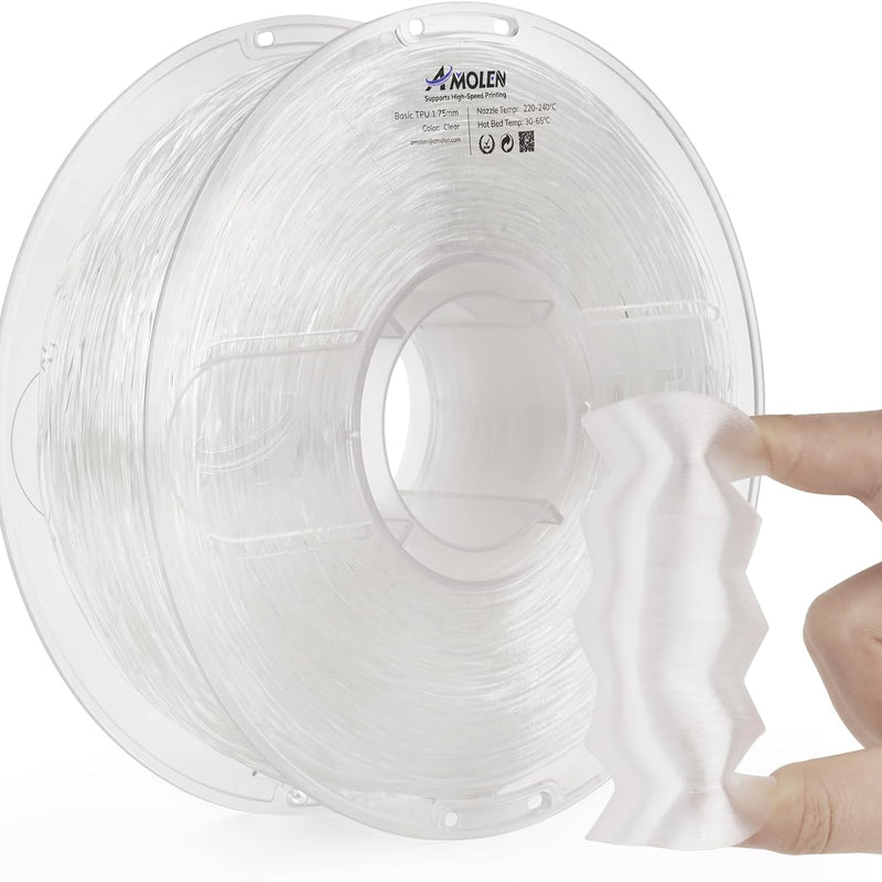 Amolen TPU Basic 1.75mm filament spool, 1kg, showing the flexible, translucent TPU material for 3D printing.