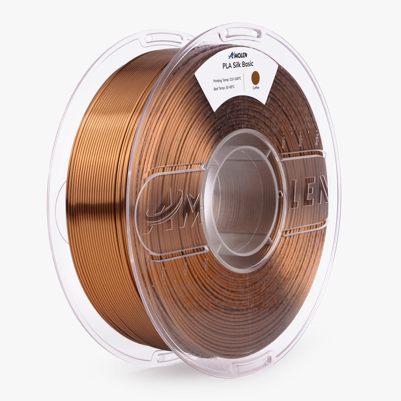 Amolen PLA Silk Basic 1.75mm filament spool, 1kg, showcasing shiny, smooth 3D printing filament in a coiled form.