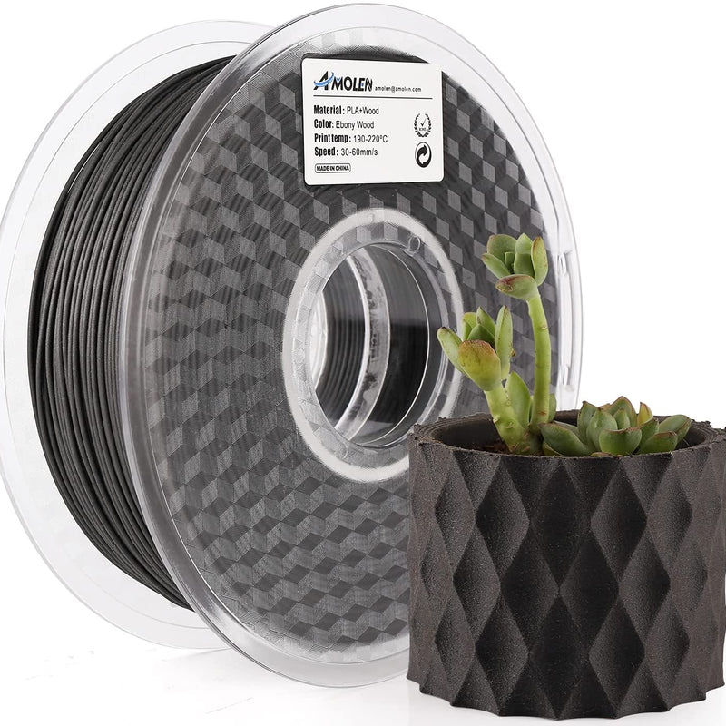 Amolen PLA Wood 1.75mm 1kg spool of biodegradable filament for 3D printing, showing the wood-like textured filament roll.