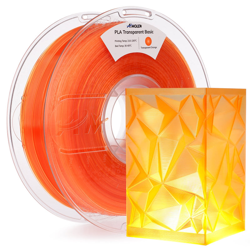 Amolen transparent PLA filament 1.75mm diameter, 1kg spool, showing the clear, glossy filament coiled neatly for 3D printing.