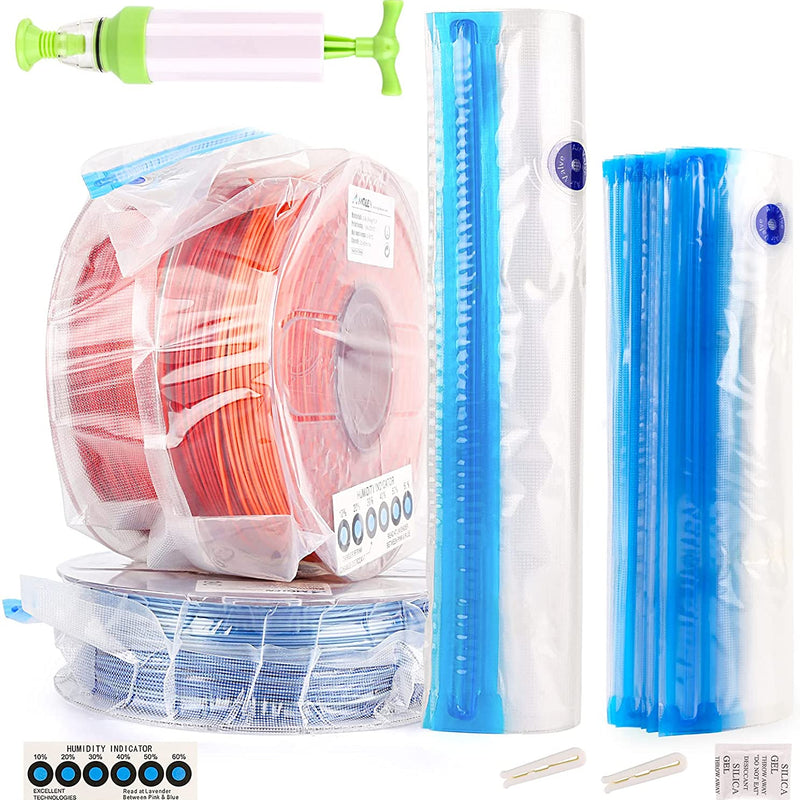 Amolen vacuum filament storage kit in a clear storage bag with vacuum seal, designed for organizing 3D printer filament spools.