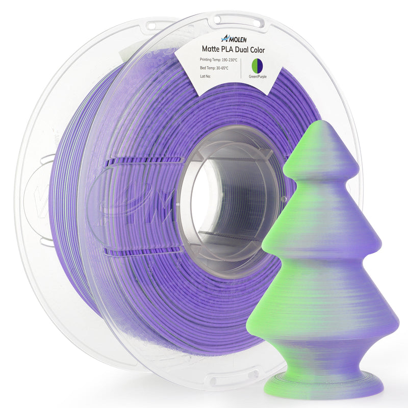 Amolen PLA Matte Dual Filament 1.75mm 1KG spool showing two colors of 3D printing filament on a reel