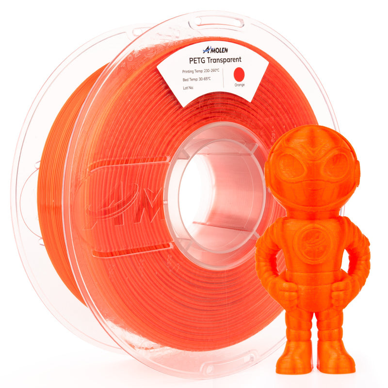 Clear PETG filament by Amolen, 1.75mm, 1kg spool, ideal for 3D printing transparent, durable parts.