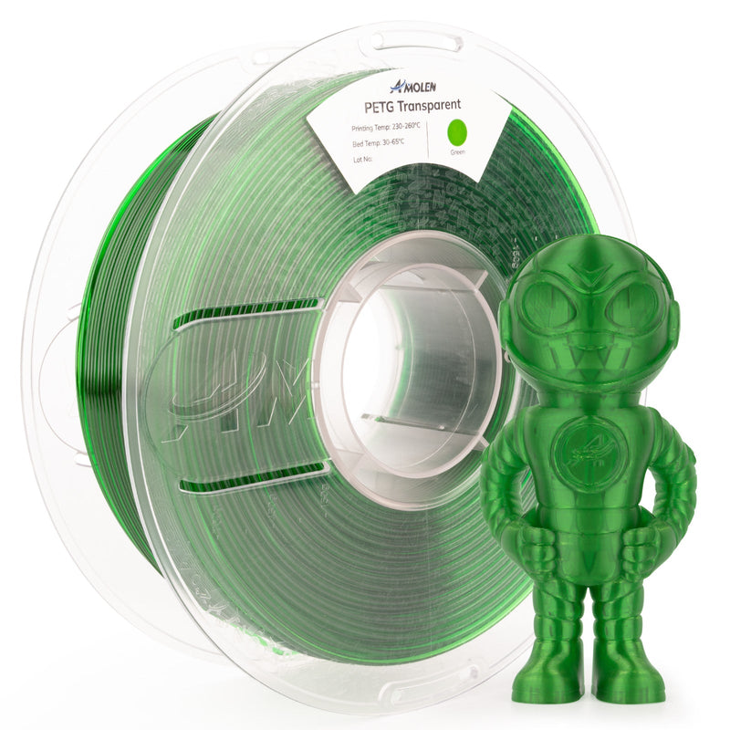 Clear PETG filament from Amolen, 1.75mm diameter, 1kg spool, showing the transparent plastic material for 3D printing.