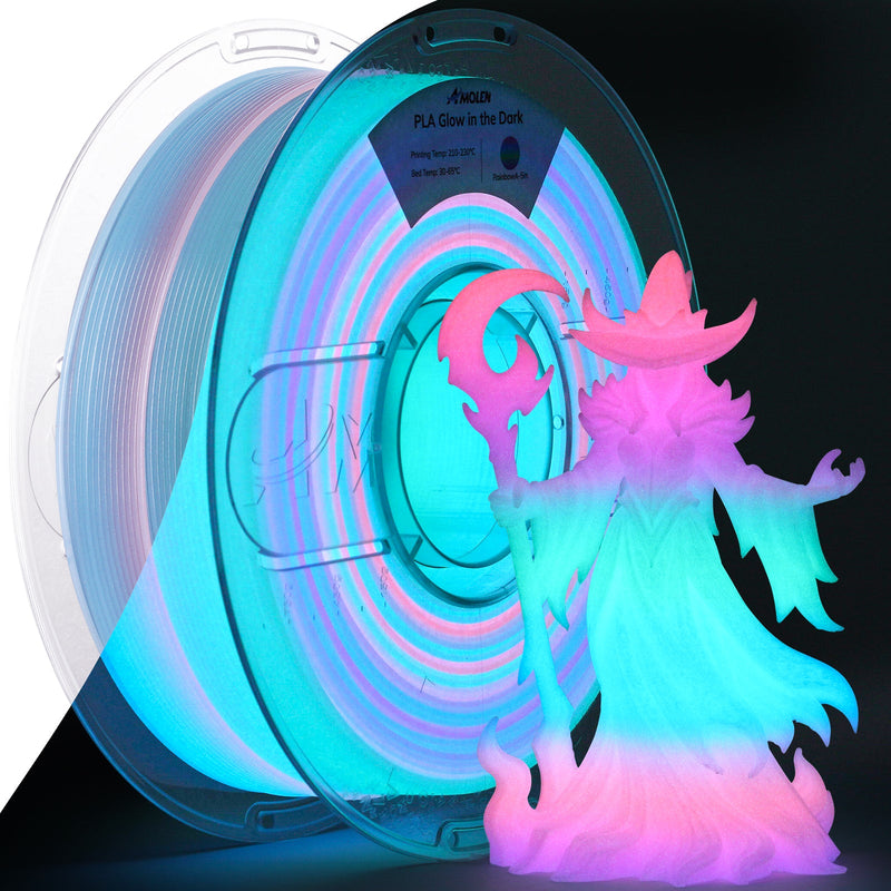 Amolen PLA glow-in-the-dark filament spool, 1.75mm, 1kg, with coiled filament visible in the image.
