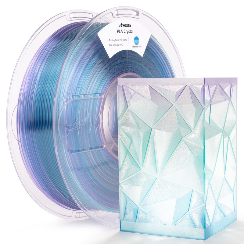Clear transparent PLA filament spool from Amolen, 1.75mm diameter, 1kg weight for 3D printing.