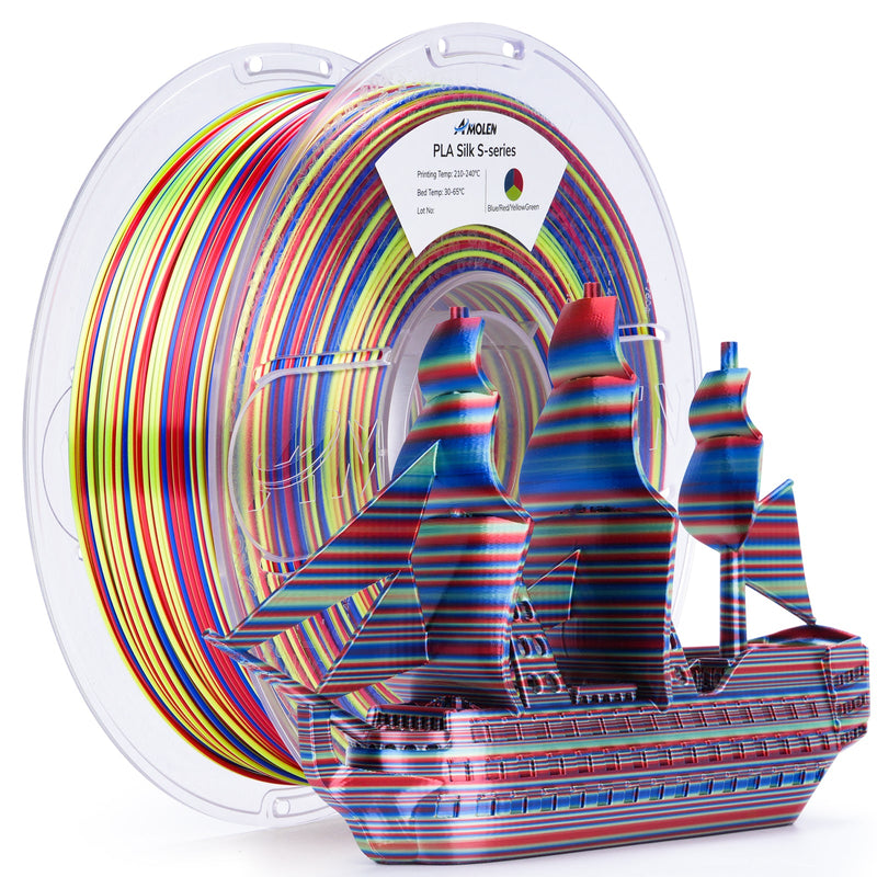 Amolen PLA Silk S-Series filament 1.75mm, 1kg spool, showcasing shiny, smooth silk-like finish for 3D printing.