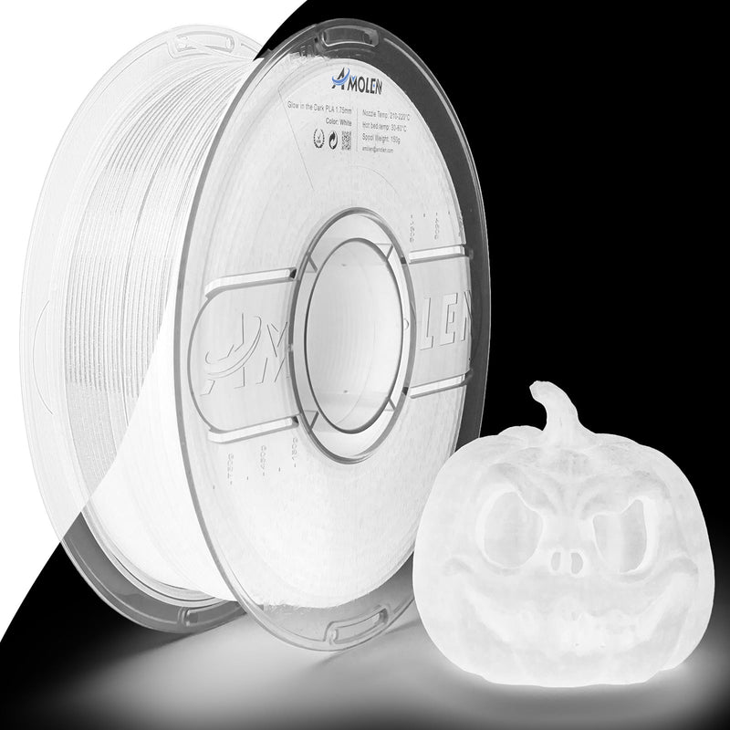 Amolen PLA glow-in-the-dark filament spool, 1.75mm diameter, 1kg weight, showing the filament roll and glowing effect in dim light.