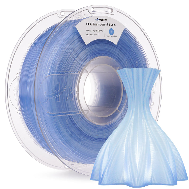 Clear Amolen PLA filament 1.75mm in 1kg spool, transparent 3D printing filament for versatile projects.