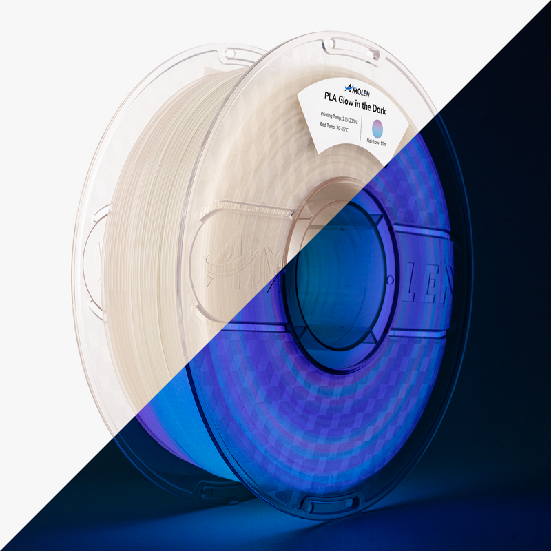 Amolen PLA glow-in-the-dark filament spool in 1.75mm, 1kg weight, showing the bright, luminescent filament on a reel.