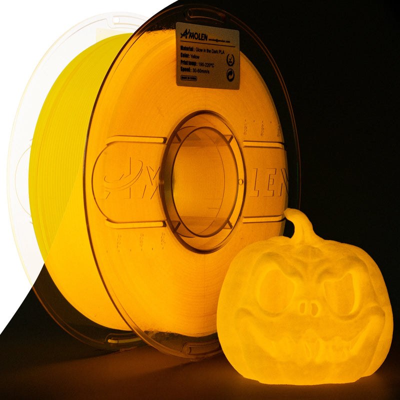 Amolen PLA glow-in-the-dark filament spool, 1.75mm diameter, 1kg weight, showing the filament on the reel with glowing effect.