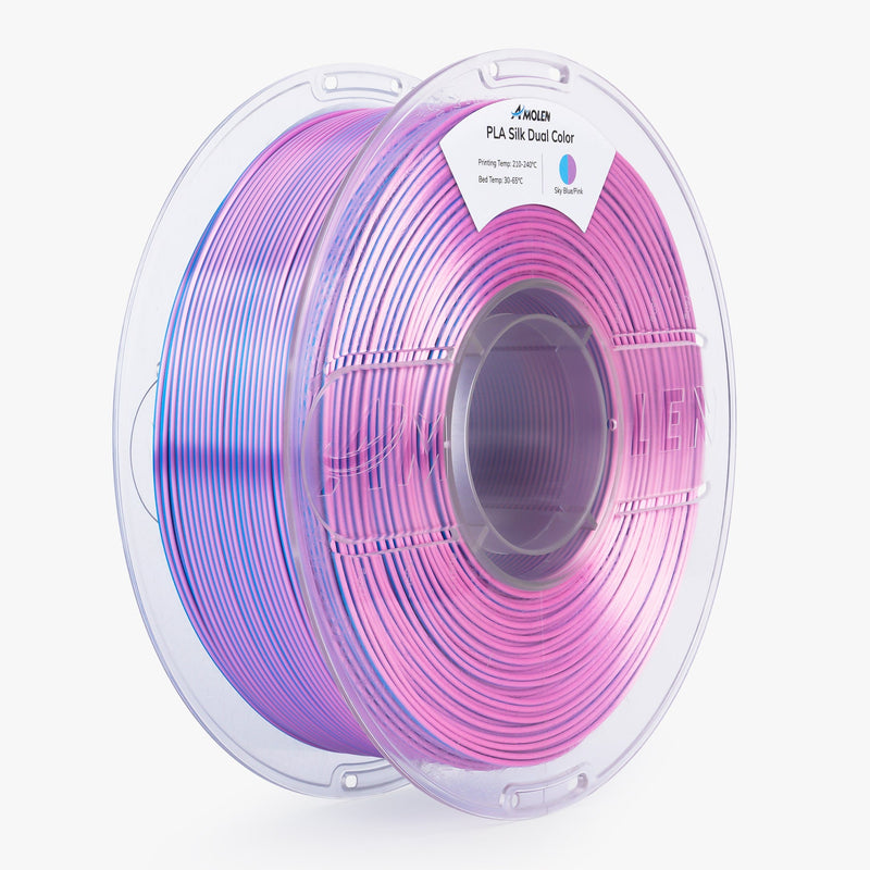 Amolen PLA Silk dual color filament spool, 1.75mm diameter, 1kg, showing vibrant silk finish and color transition for 3D printing.