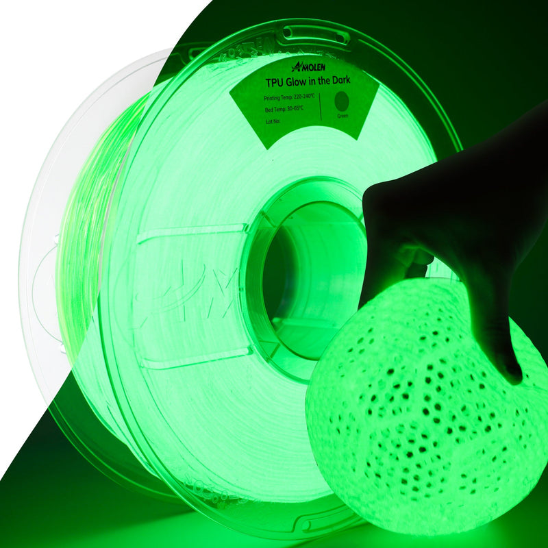 Amolen TPU glow-in-the-dark filament spool showing bright green filament in a clear container, 1.75mm diameter, 1kg weight.