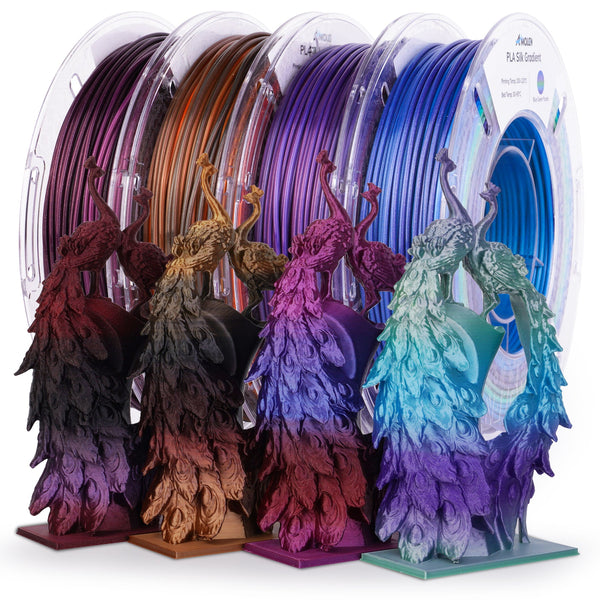 Amolen PLA silk shiny gradient 3D printing filament pack with four 200g spools, 1.75mm diameter, vibrant color variations